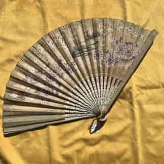 Chinese paper fan, hand painted landscape & flowers, early 20th century