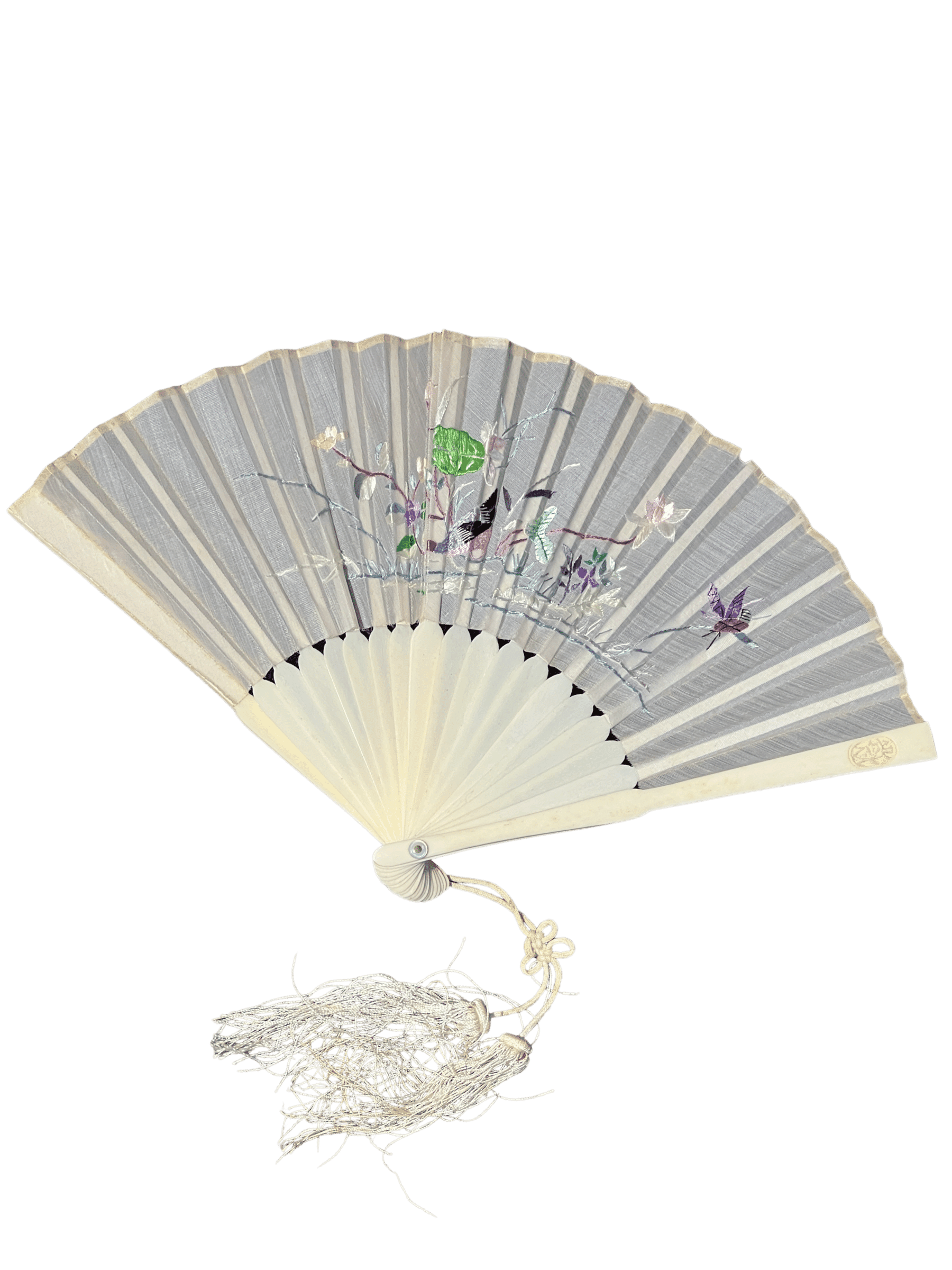 Small Chinese Embroidered Fan Ivory Sticks C 1920 Moorabool small-chinese-embroidered-fan-ivory-sticks-c-1920-moorabool