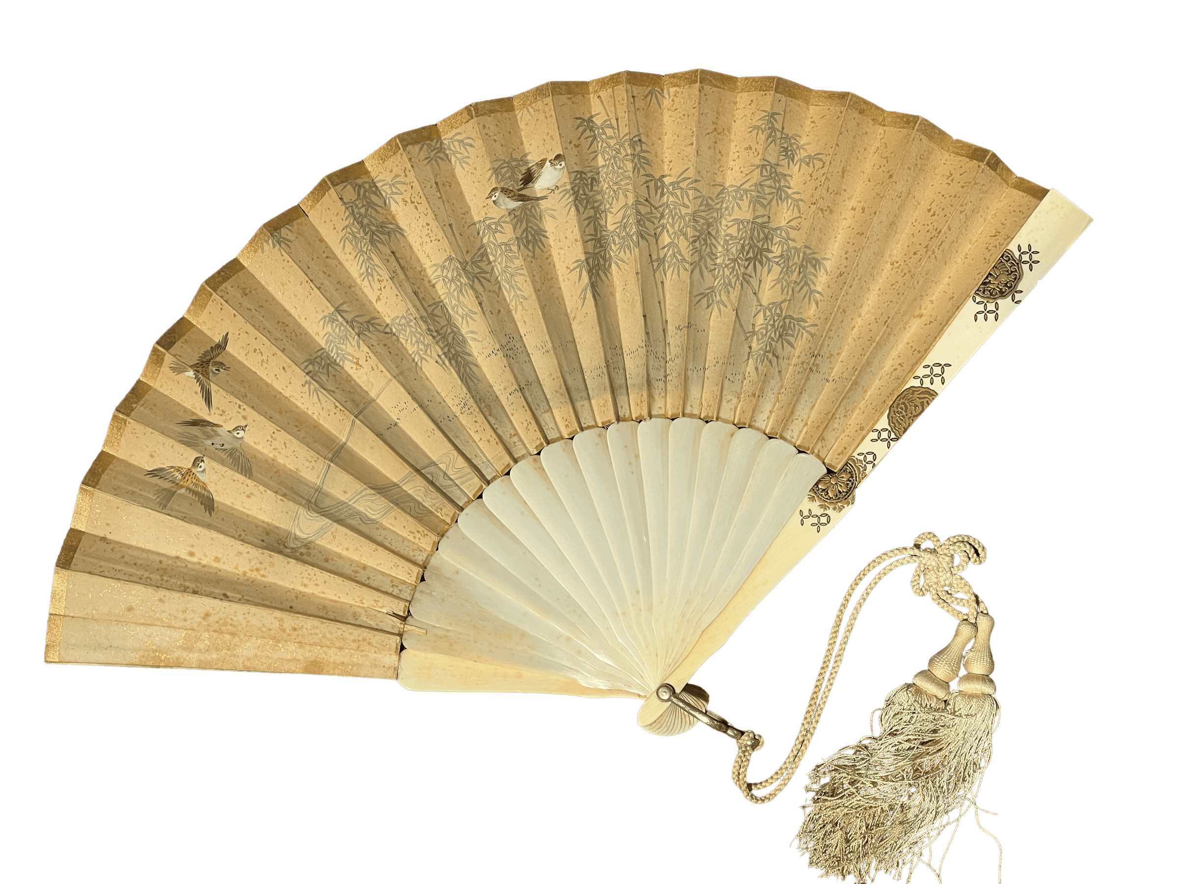 Large Japanese ogi fan, watercolour of sparrows, lotus blooms, carved & gilt mons to ivory ends, c. 1870