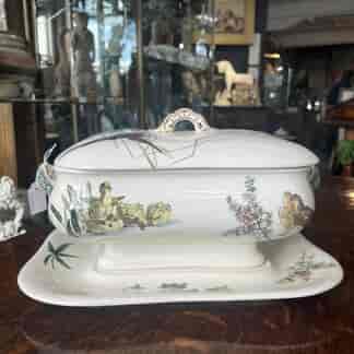 Large Doulton 'Aesthetic' tureen, cover + stand, birds by Georges Leonce, c. 1885