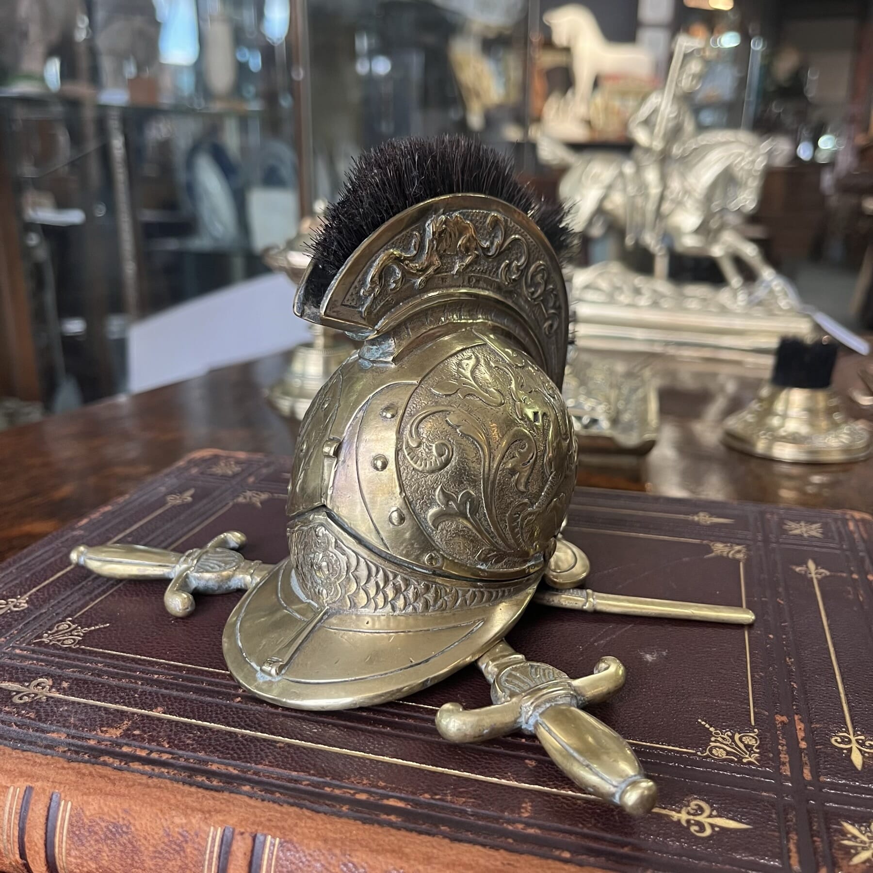 Brass inkwell & pen brush, Helmet & Swords form, c. 1890