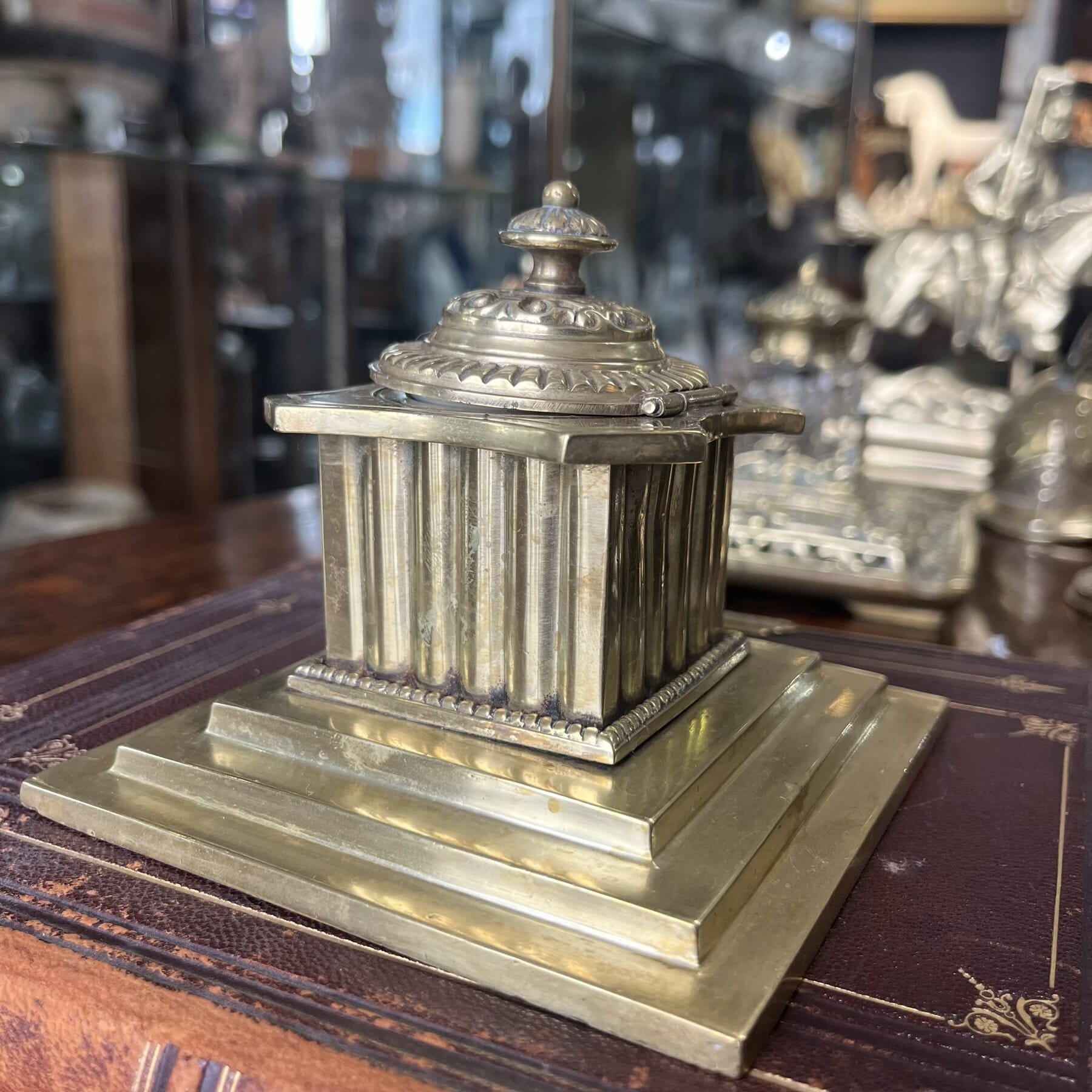 French Brass inkwell, fluted box with ornate lid, c. 1870