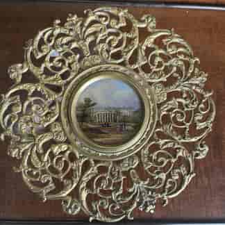 Hampton Court tazza, gilt brass piercedwork with inset foil backed panel, c. 1850