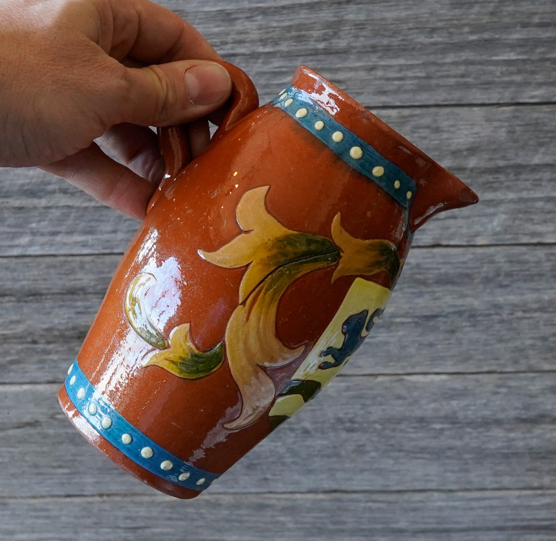 Continental terracotta jug, lion armorial, C .1900