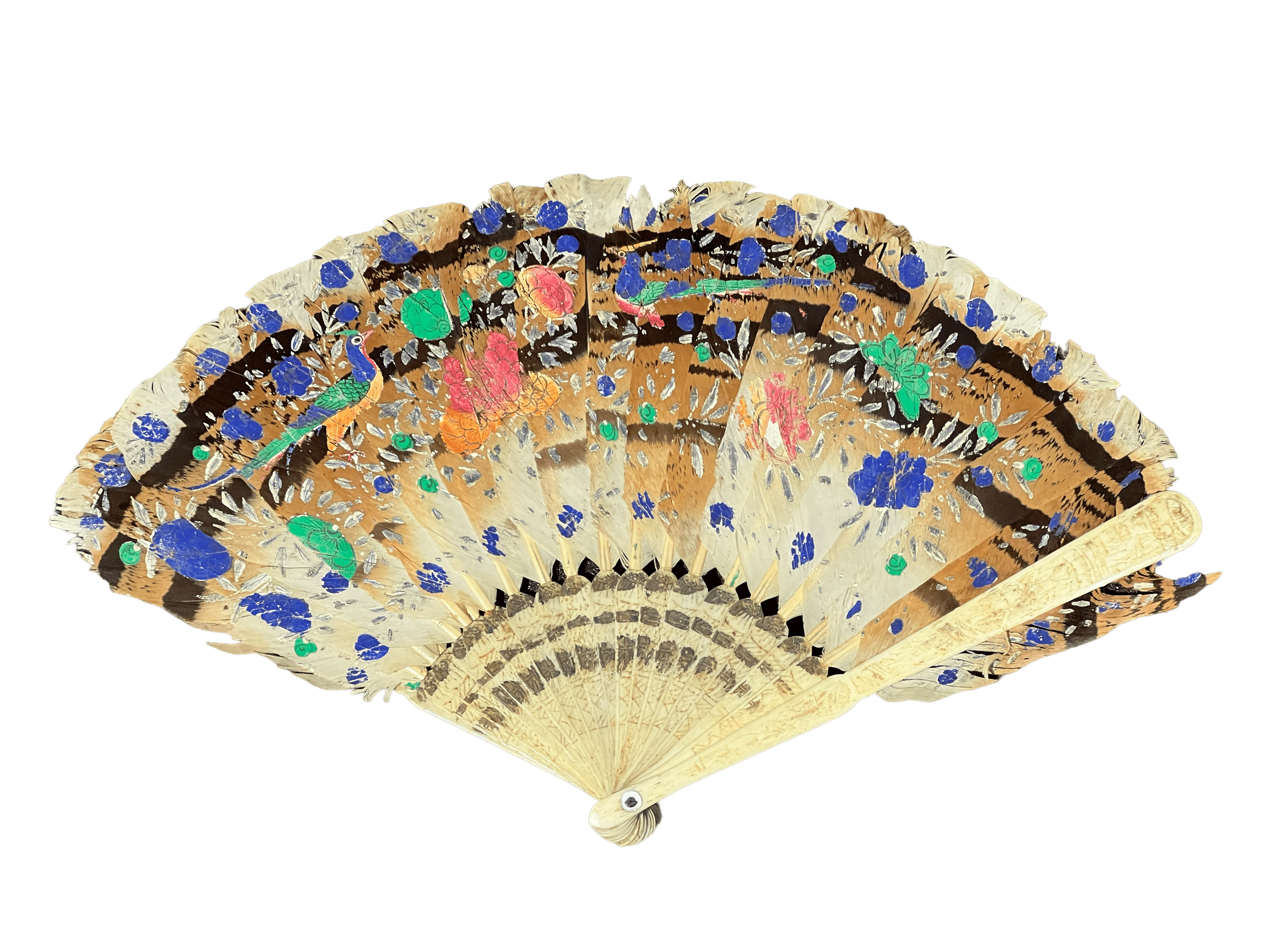 Chinese Export feather fan, unusual brown & black, painted with birds & flowers, carved bone ends, c. 1850