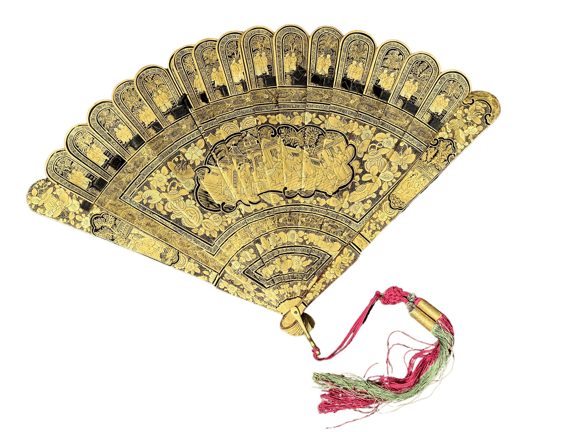 Chinese Export brisé black lacquer fan, fine gilt scenes, Canton c. 1840