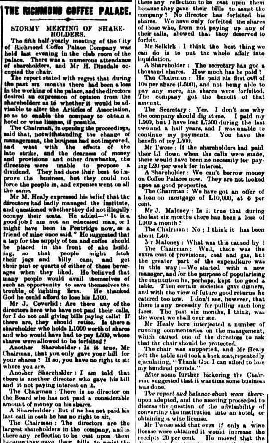 The End of the 'Coffee Palace' concept, Newspaper report 1893