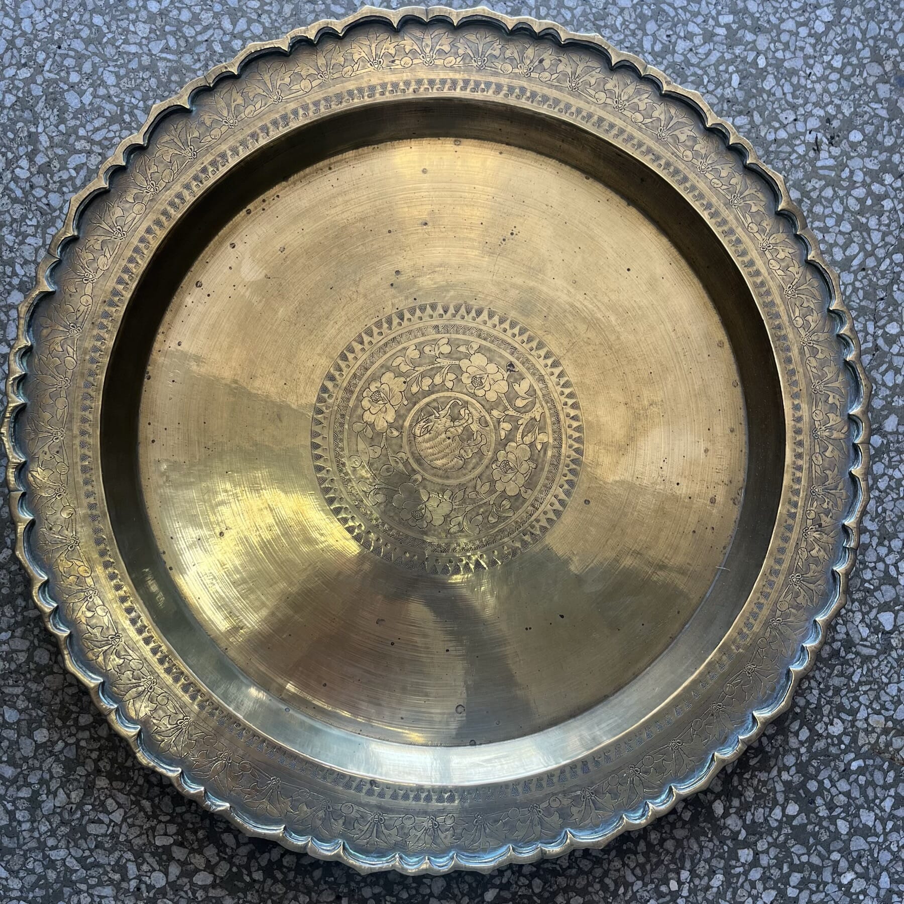 Indian brass tray, elephant and floral border, C. 1900