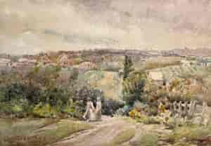 Walter Withers - View in Eltham with two ladies conversing, signed & dated 1904