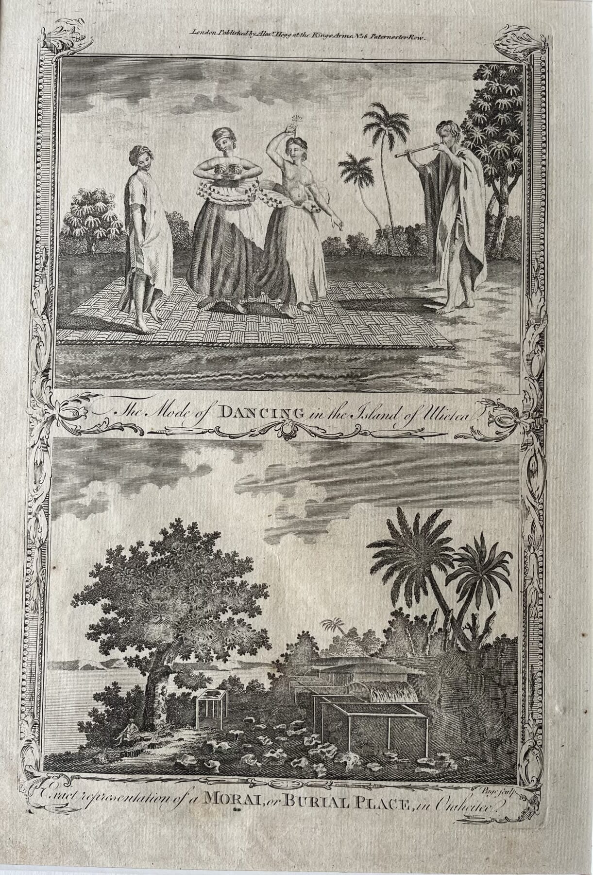 Cook's Voyages original mounted print- c. 1785 ' The Mode of Dancing in the island of Mietea'