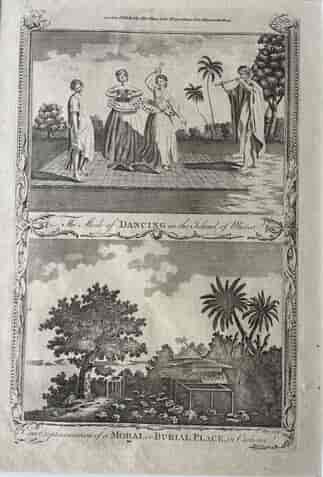 Cook's Voyages original mounted print- c. 1785 ' The Mode of Dancing in the island of Mietea'