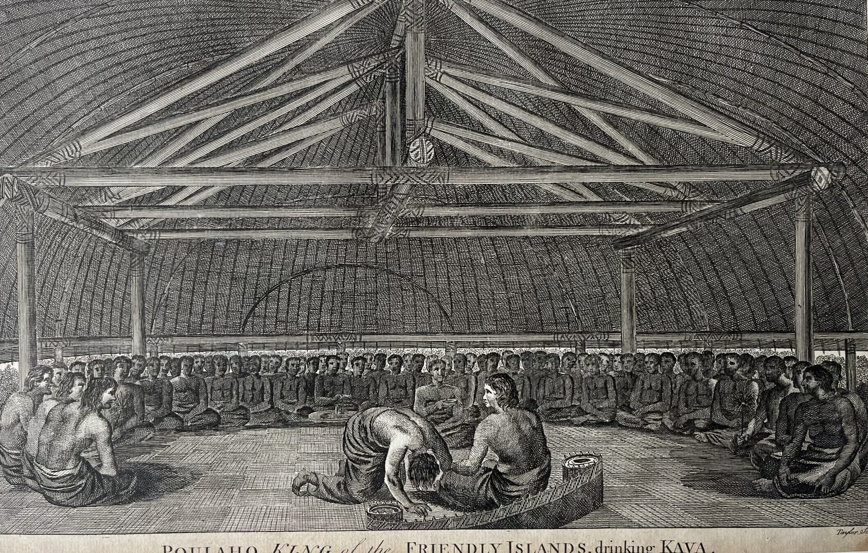 Cook's Voyages print ' POULAHO, KING of the FRIENDLY ISLANDS, drinking KAVA' (Tonga) c. 1785