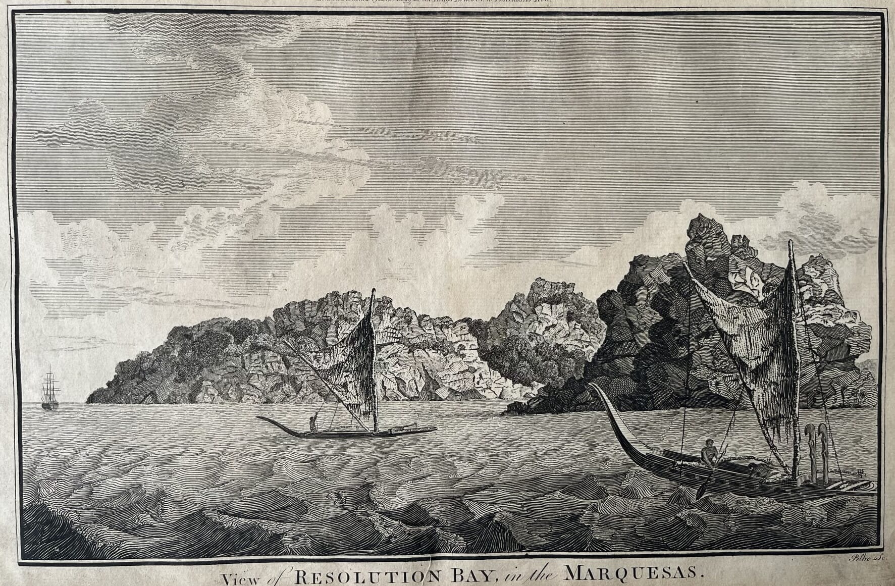 Cook's Voyages original mounted print- 'View of RESOLUTION BAY in the MARQUESAS.' C,1785