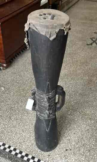 Large Trobiand Islands drum, lizard skin top, lime decorated, 20th c.