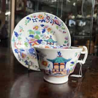 Hilditch cup & saucer with pagoda & flowers, C. 1825
