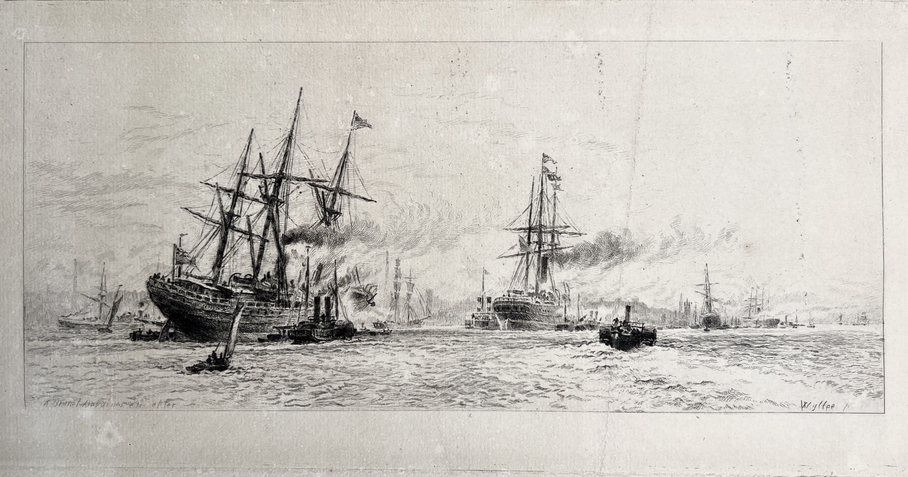 Alfred Louis Brunet-Debaines 'Shipping in the calm' etching, 1883