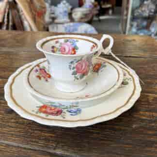 Coalport cup, saucer + plate, hand painted flowers, c 1830
