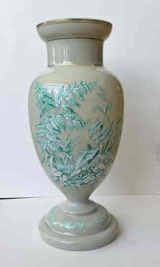 Large Victorian milk glass vase, enamelled green foliage, c. 1870