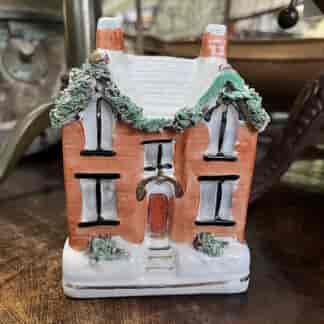 Staffordshire Pottery House moneybox, double gabled house, c. 1890