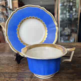 Rockingham 'Old English' shape cup & saucer, periwinkle blue ground & gilt rims, c.1830
