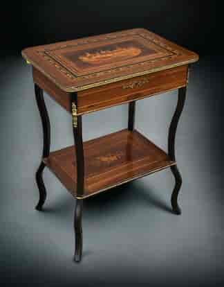 French work table, inlaid marquetry landscape to top, c. 1875