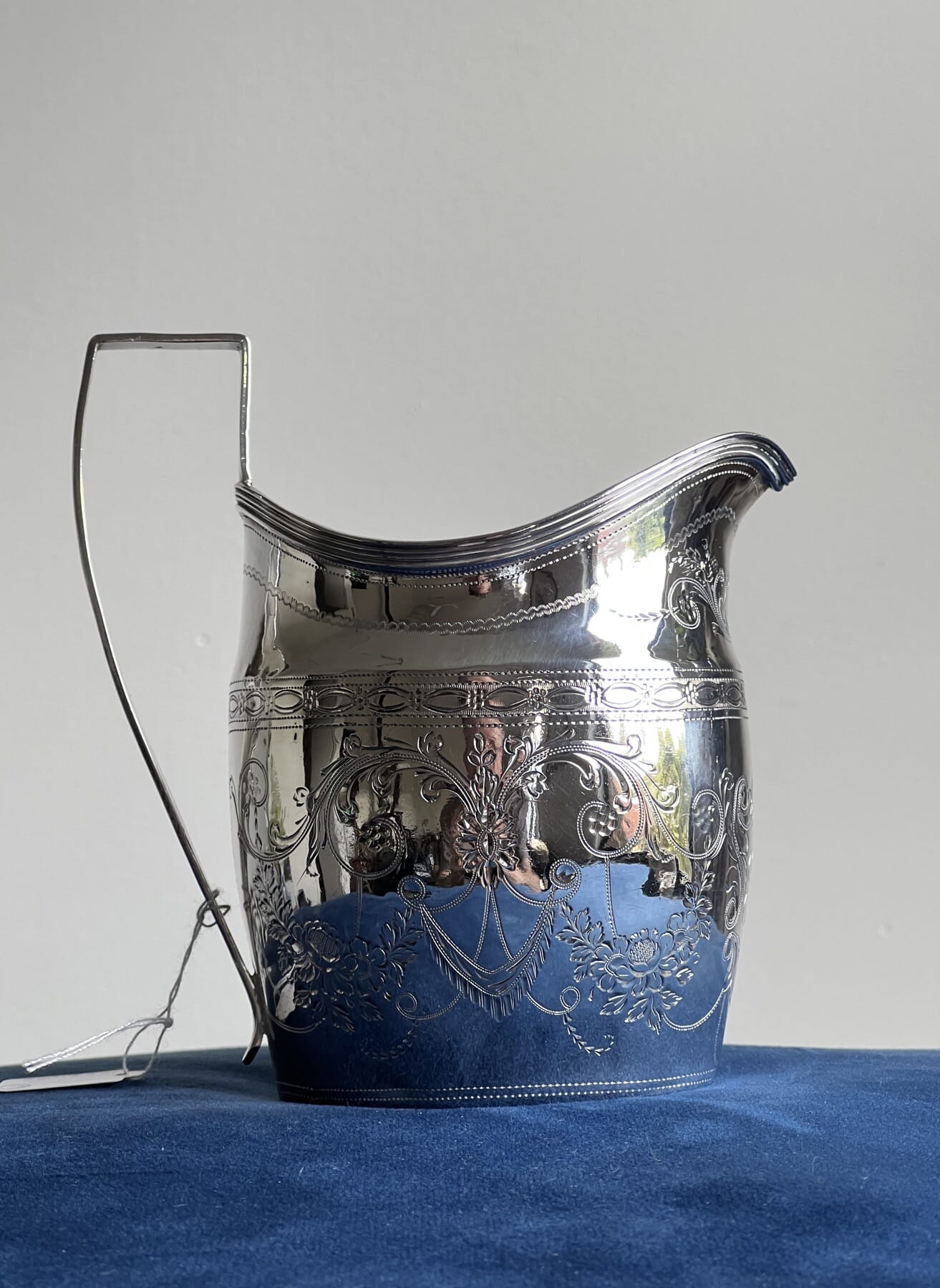 Handsome Georgian Sterling Silver milk jug, fine Adams engraving, London 1798