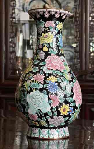 Chinese Canton Enamel vase, Mille-fleur flowers on black ground, earlier 20th century