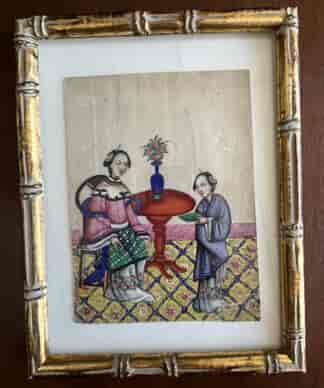 Chinese Export 'pith painting', 2 ladies domestic scene, c.1840