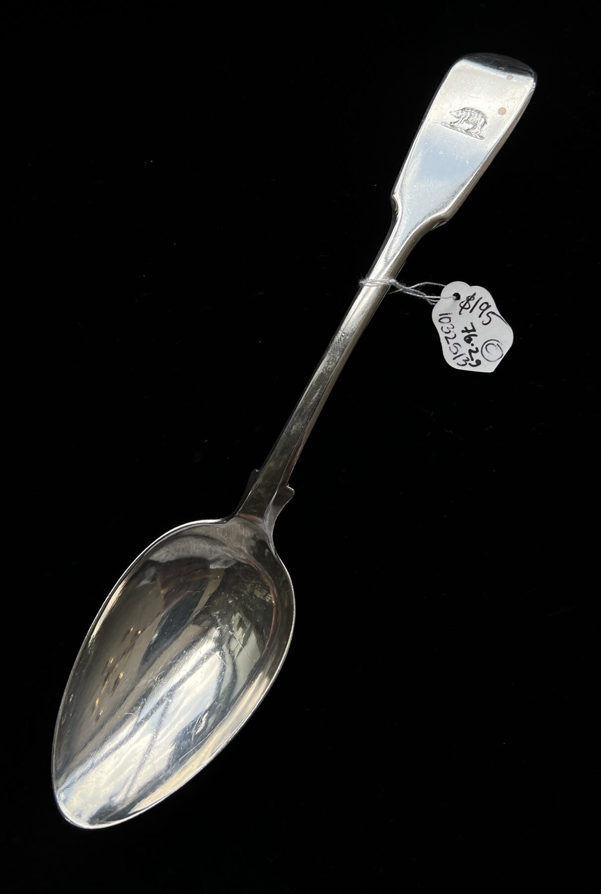 Sterling Silver table spoon, 'Hedgehog' Harris family crest, London 1836