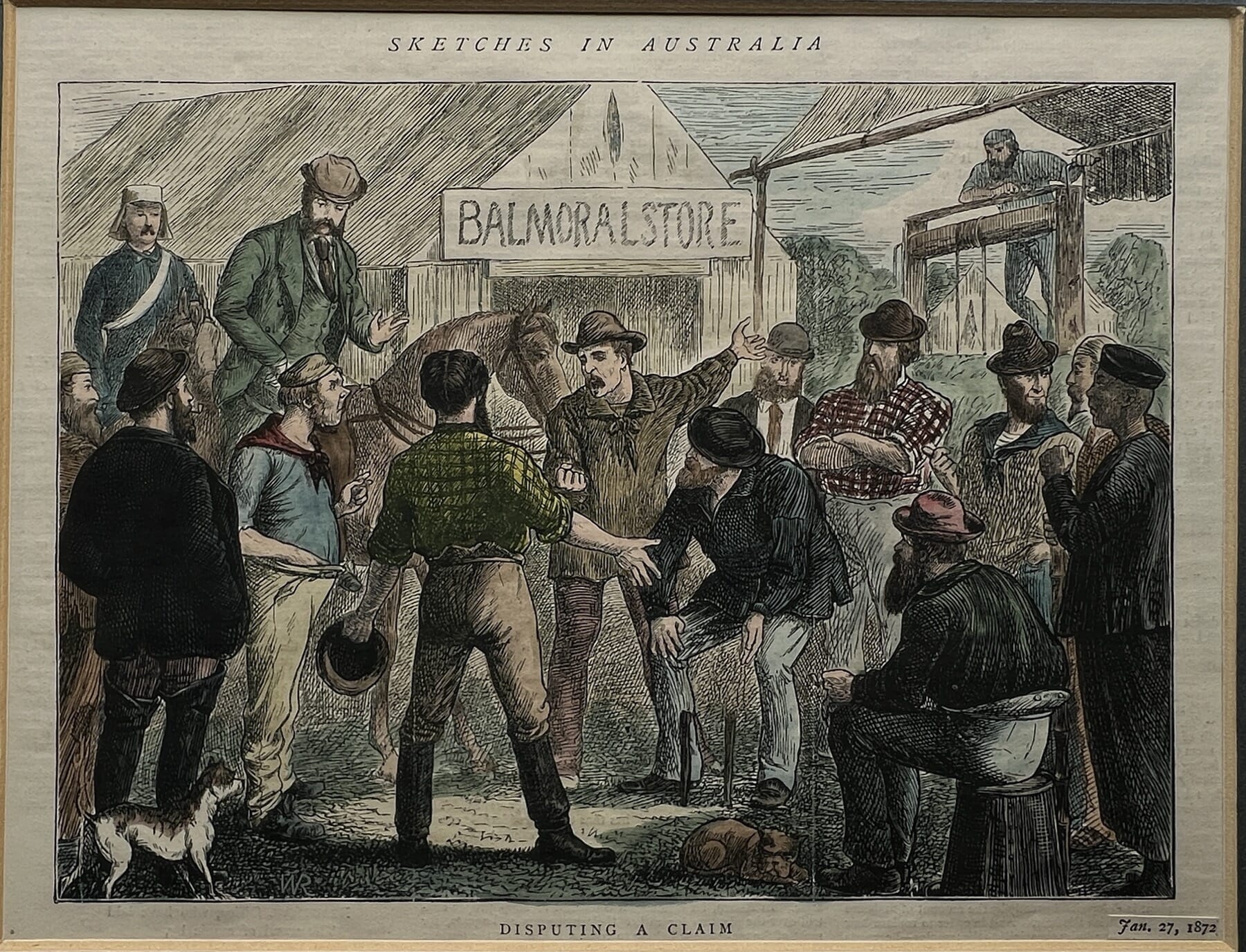 Hand coloured print 'Disputing a Claim', after W. Ralstan, 1872