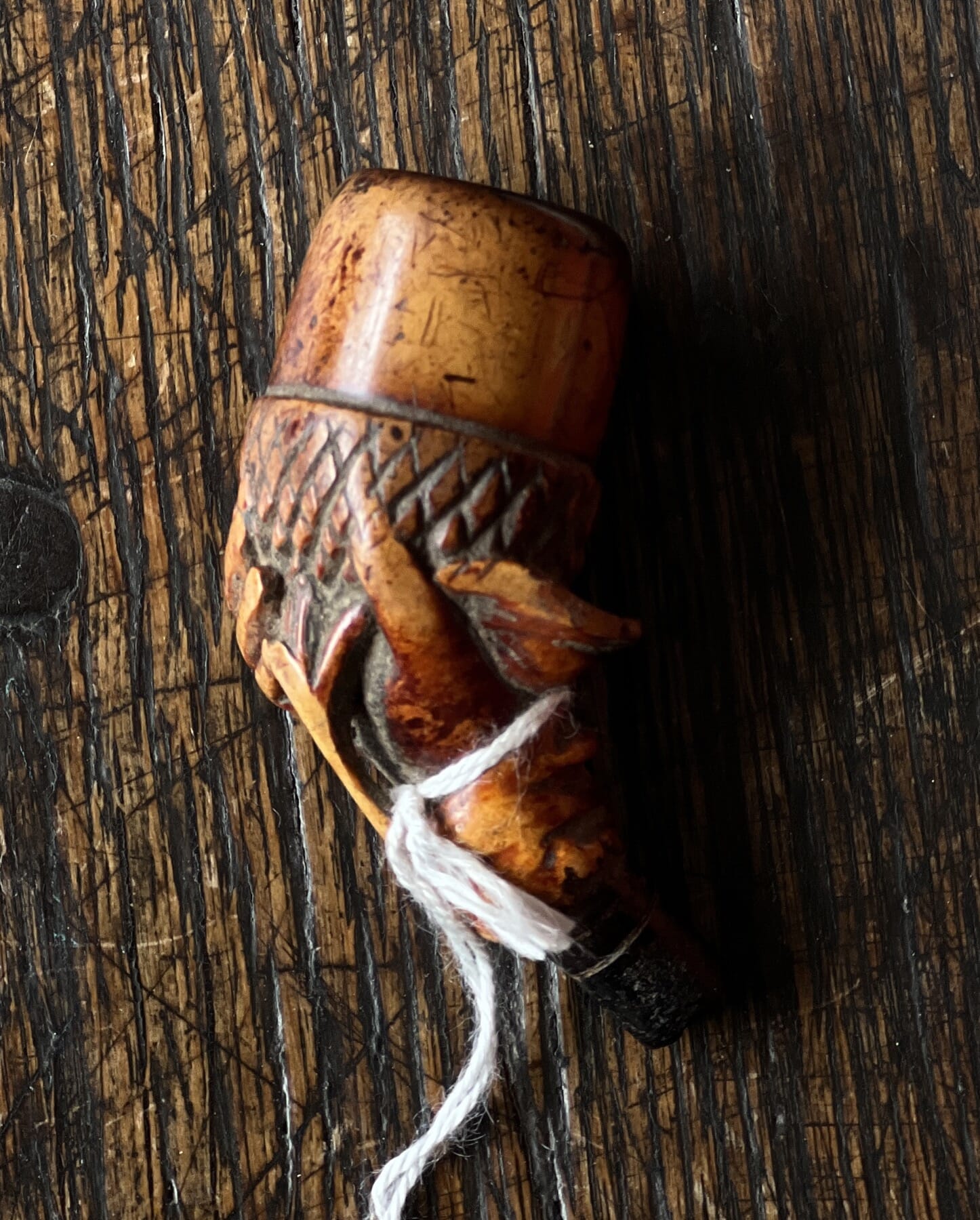 Meerschaum style carved pipe bowl, hand holding acorn, c 1860