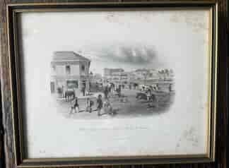 Framed hand coloured S.T.Gill engraving, Market Square looking NE from Malop St Geelong 1857: printed 1890