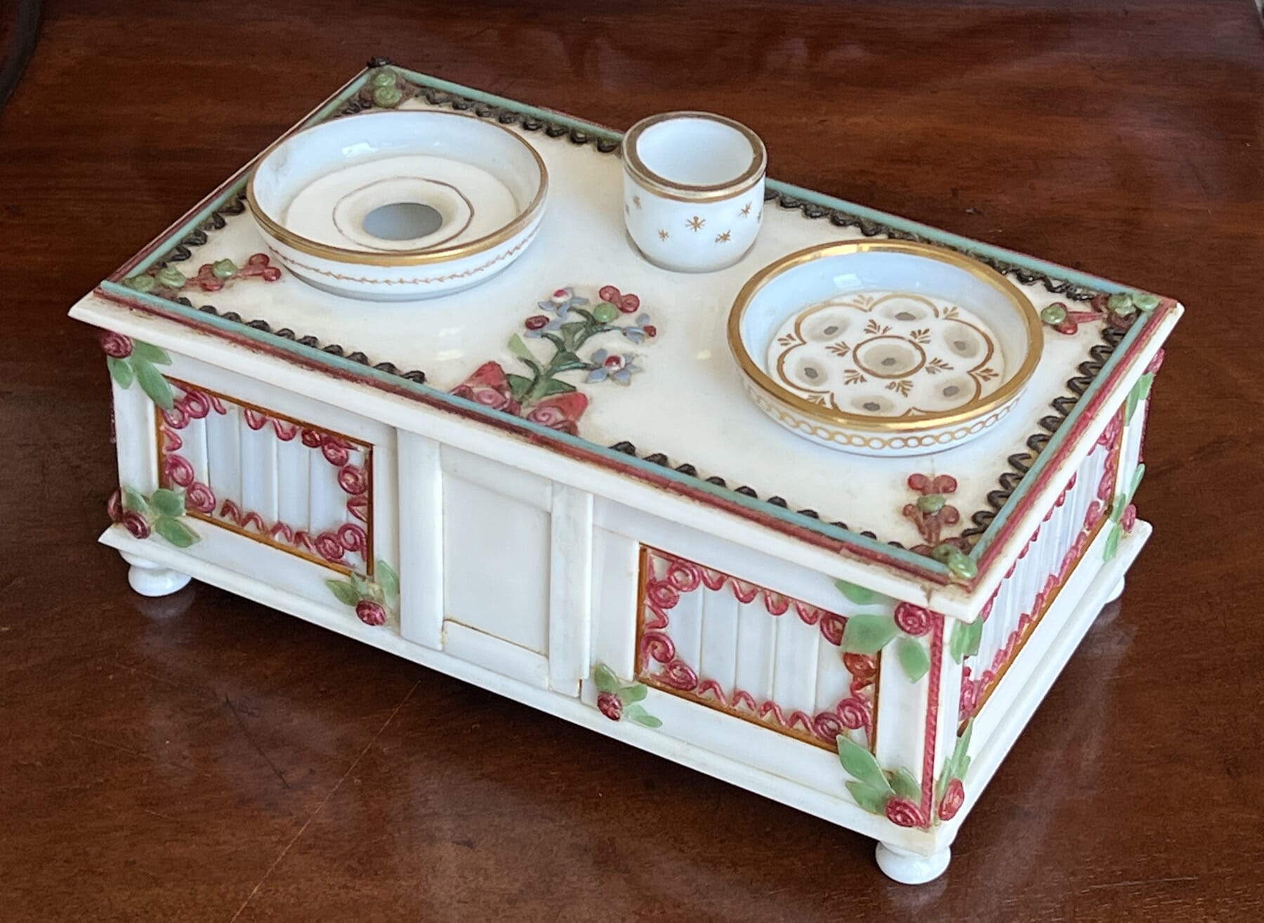 French glass desk set, box form with applied flowers, C. 1800