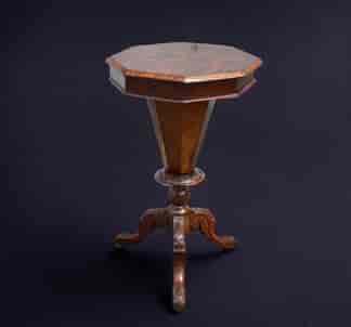 Victorian walnut Octagonal topped work table on tripod legs c.1875