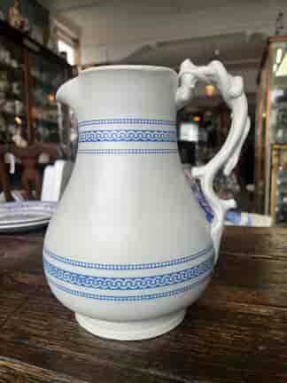 Dudson drybody jug with blue printed bands and a moudled snake handle