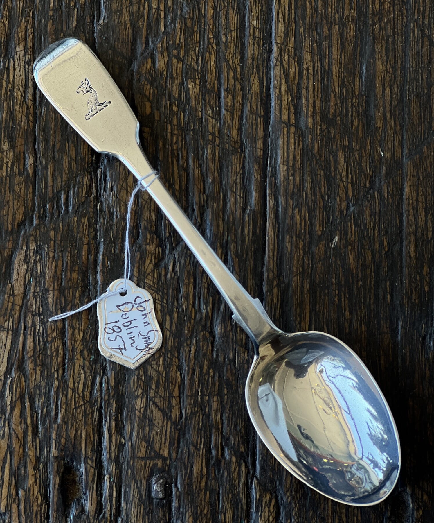 Irish Sterling Silver teaspoon, Griffin head crest, by John Smyth, Dublin 1857