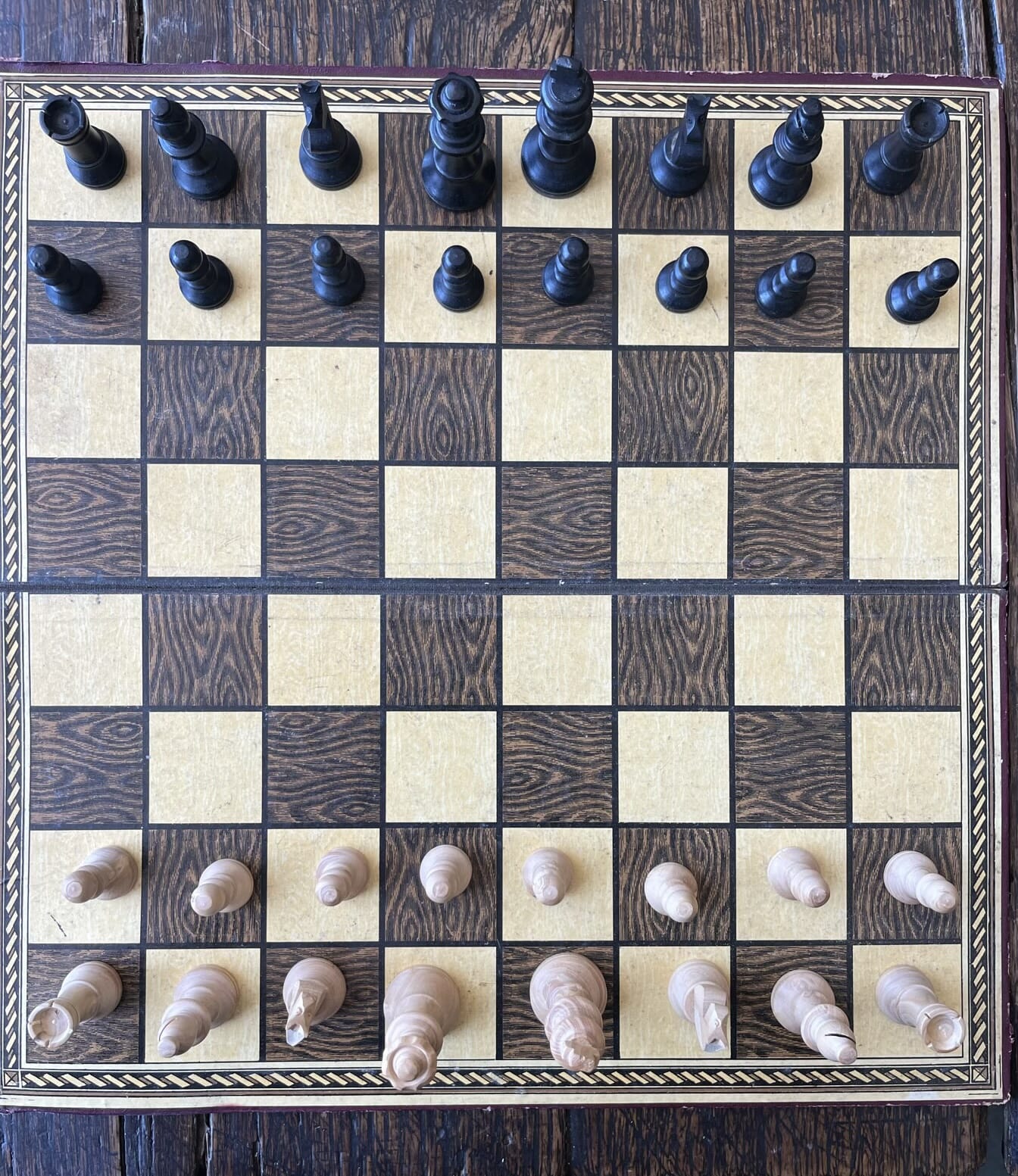 Wooden carved chess set  and Draughts board, C .1920