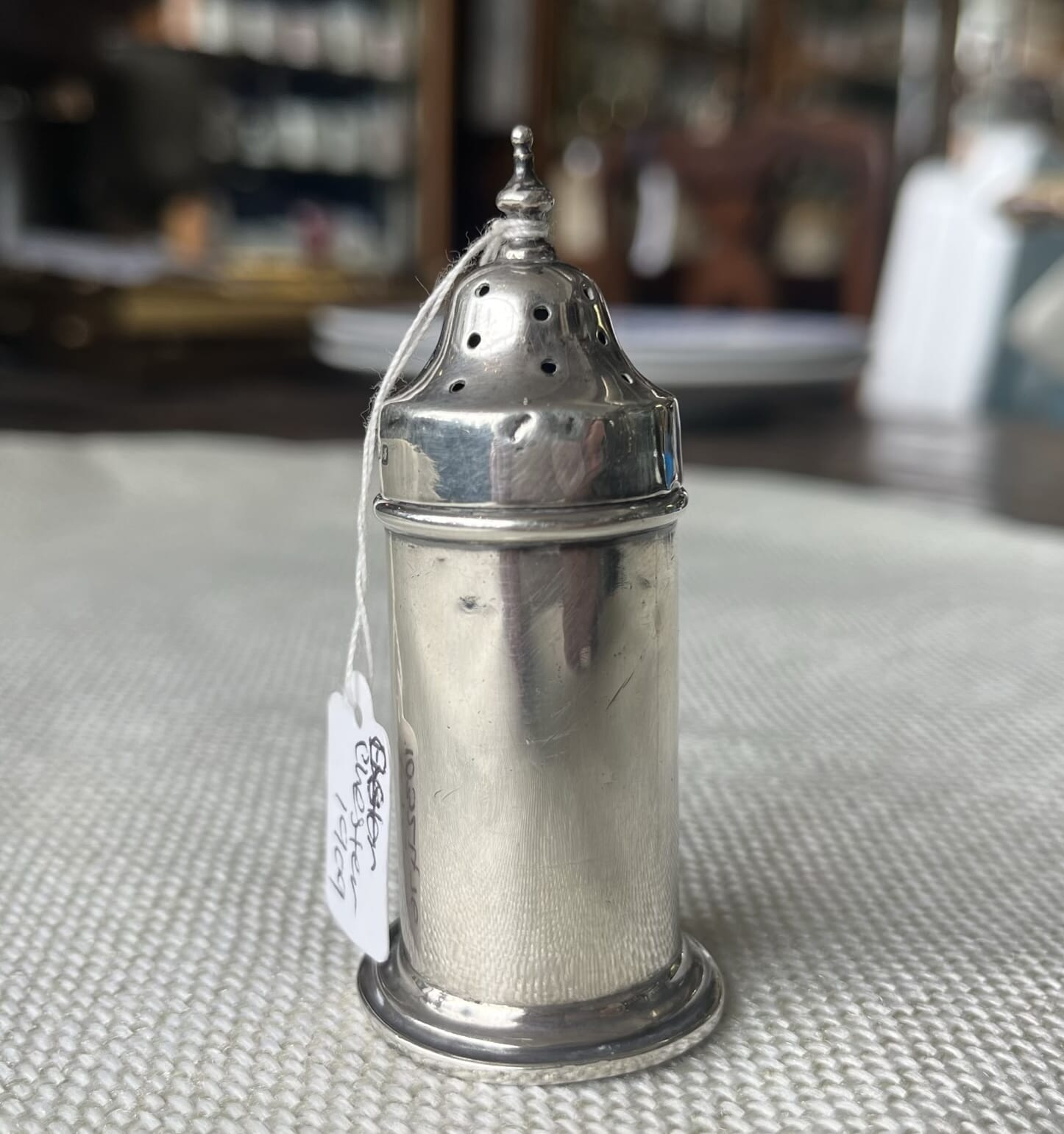 Sterling silver salt shaker, blue glass liner, Chester 1909