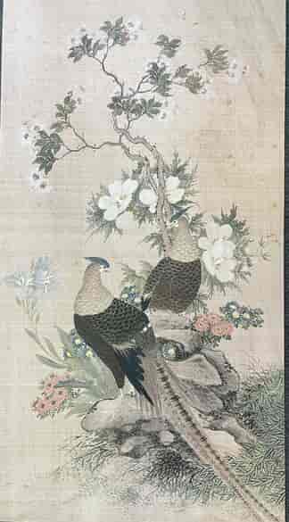 Japanese silk painting of 2 pheasants amongst flowers, 19th/ earlier 20th century