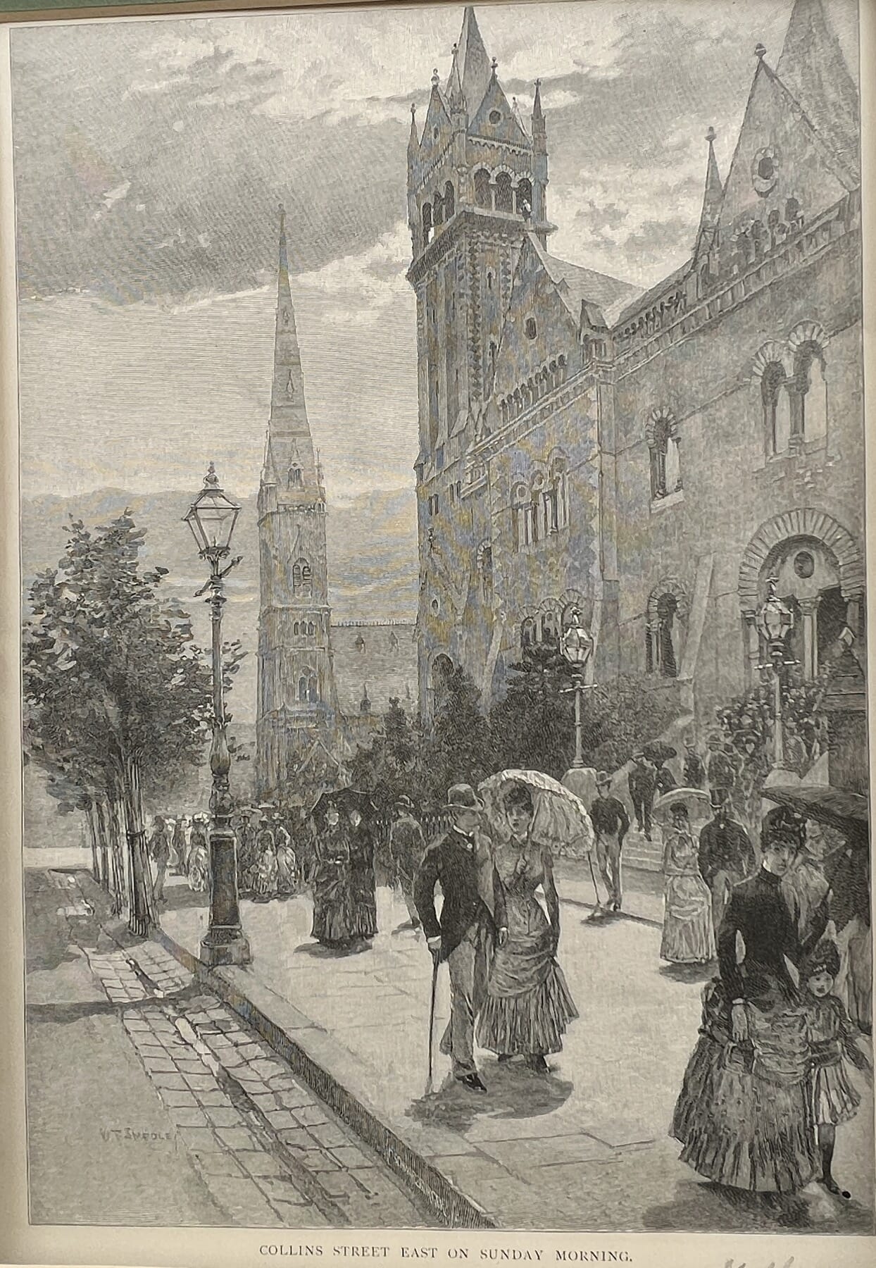 Australiana engraving 'Collins St East on a Sunday Morning', Melbourne history 1880's