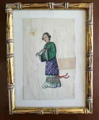 Chinese Export 'pith painting', lady green robes, c.1840