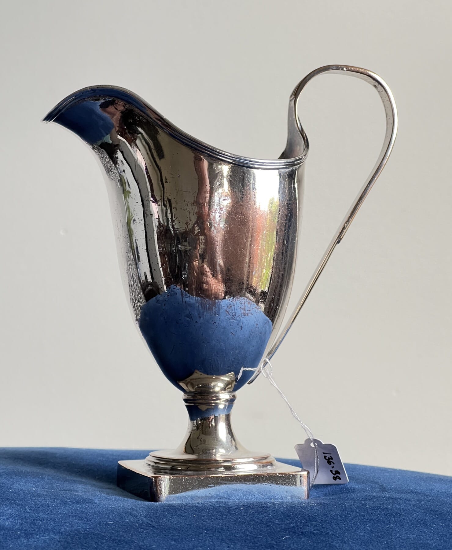Handsome Old Sheffield Plate jug, Helmut shape on square plinth base, c. 1790