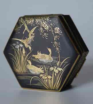 Japanese ‘Zogan’ hexagonal multi faceted box, birds + flowers, Fujii workshop, c.1900