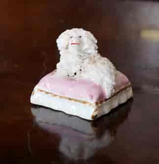 Staffordshire Porcelain poodle on pink cushion, c. 1830