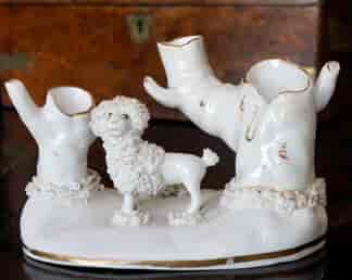 Staffordshire Porcelain spill group with poodle + tree trunks, attr. Alcock, c. 1835