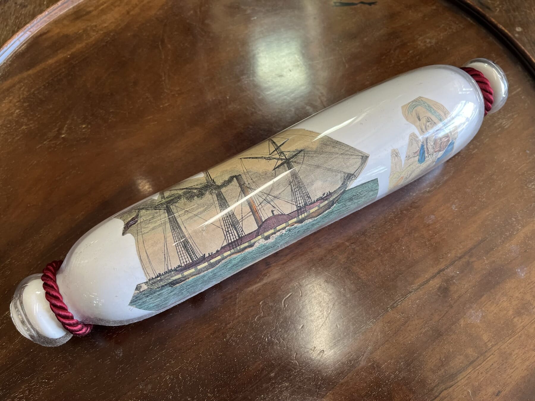 Victorian Decolomania glass rolling pin, C 1840