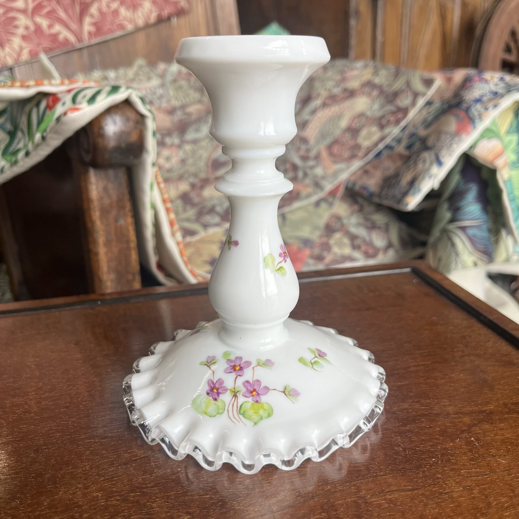 Victorian Milk Glass Candlestick painted with violets, c. 1890 ...