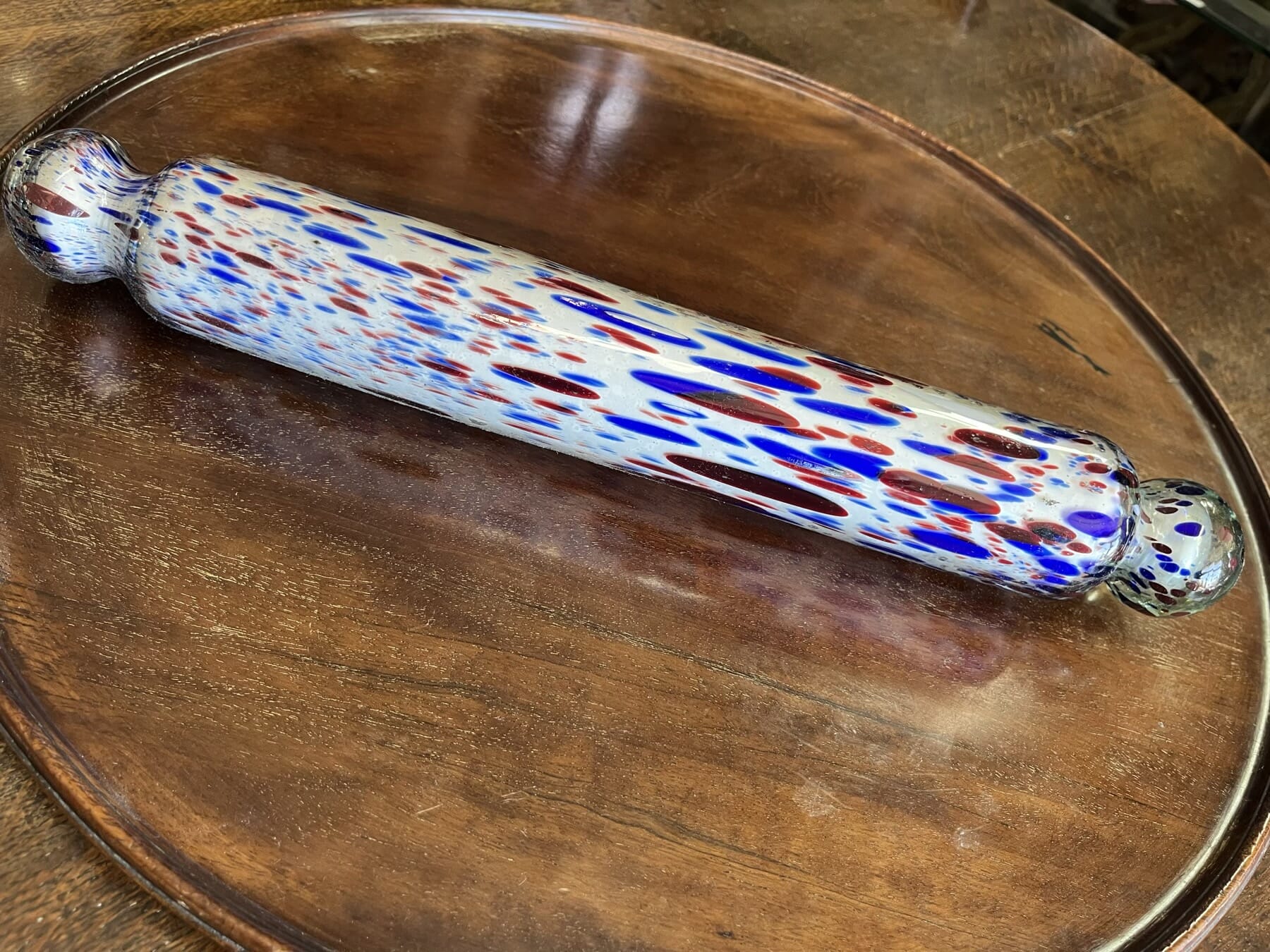 Nailsea hand blown glass rolling pin, blue + red inclusions, 19th C