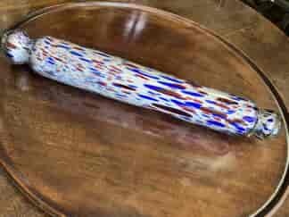 Nailsea hand blown glass rolling pin, blue + red inclusions, 19th C