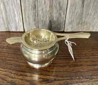 Silverplate tea strainer + stand, Deco style, c. 1930